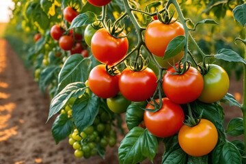 Ripe tomatoes against a background of golden tomato fields