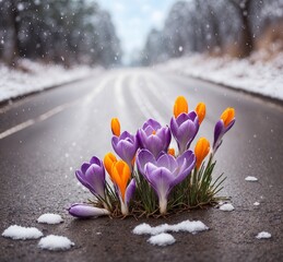 Crocuses on the asphalt road in the snow. First spring flowers.