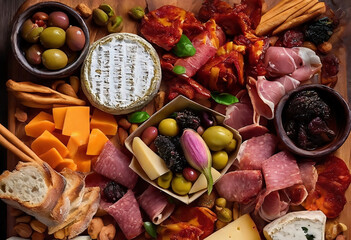 wine appetizers; untipasto platter with ham, salami, cheese, olives and crackers