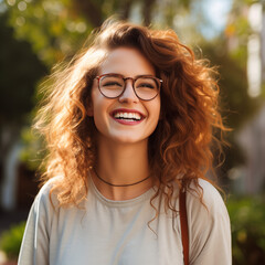 Woman smiling and wearing glasses. Generative AI. W004