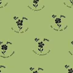 Cute, trendy ditsy conversational colorful positive letter and words seamless pattern print background with flowers, florals for fashion, textile, tshirt, girls, kids