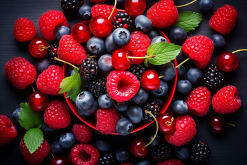 Fototapeta premium Healthy mix berries fruits clean eating selection in red bowl on black background. Cherry, blueberry, raspberry colorful fruits organic food top view flat lay