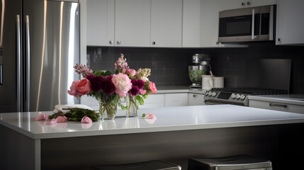 Elegant Modern Kitchen with Vibrant Floral Bouquet AI-Generative