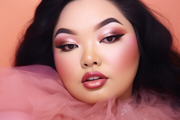 Close up of round face of pretty plus size Asian woman with dark hair and glamourous makeup in front of pink background