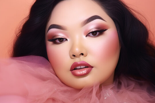 Close up of round face of pretty plus size Asian woman with dark hair and glamourous makeup in front of pink background