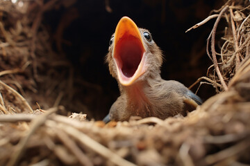 Hungry young bird nestling with open mouth