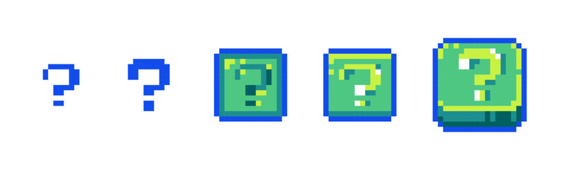 Pixel Help Icon Set for Retro Game UI. Retro 8-Bit Style Question Mark and FAQ Support Buttons