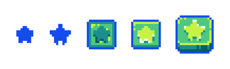 Obraz premium Pixel Favorites Icon Set for Retro Game UI. Retro 8-Bit Style Bookmark and Star Buttons