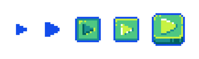 Pixel Play Button Set for Retro Game UI. Retro 8-Bit Style Start Playback and Triangle Media Play Icons.
