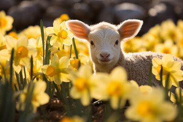 Young Easter lamb between yellow Daffodil spring flowers