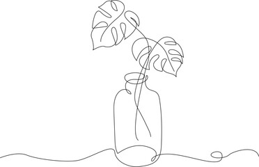 Minimalist Line Drawing of Monstera Leaf on Glass Bottle - Tropical Philodendron Hand Drawn Vector Illustration