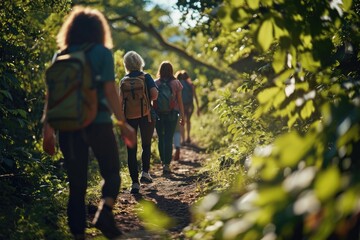 Mature female friends on yoga retreat walking outdoors.