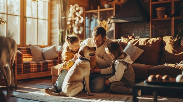 Happy People At Home With Favorite Pet , Love And Friendship Of Human And Animal Pragma