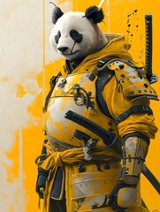 standing samurai panda illustration in cartoon style
