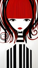 Portrait of a beautiful girl. with black hair and red hair in cartoon style. Fashion illustration