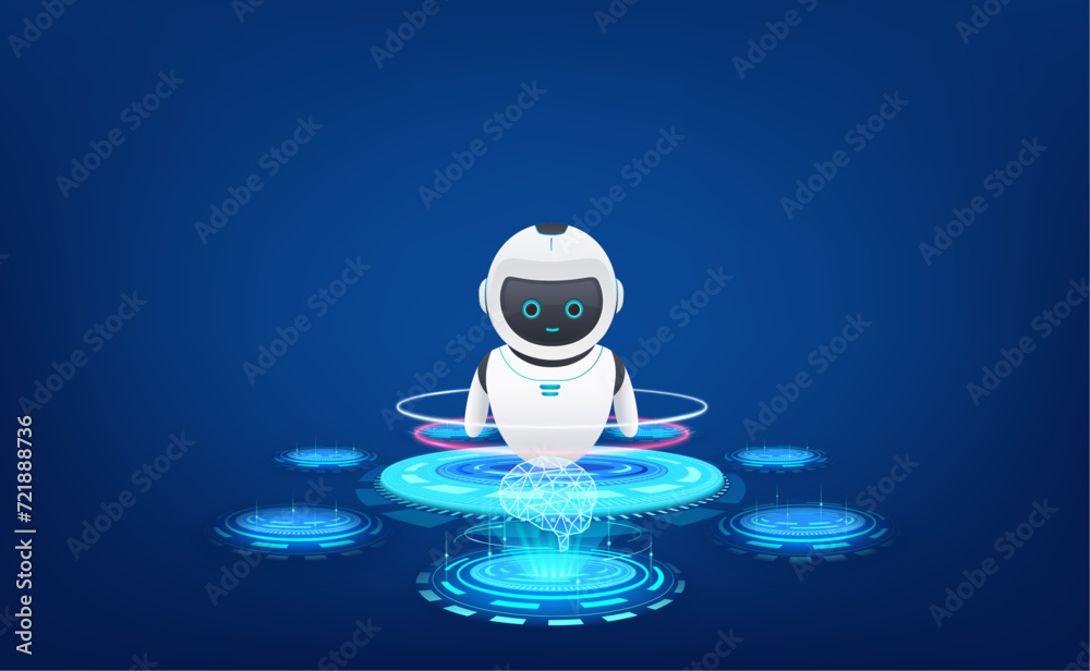 Poster digital holographic 3d robot assistant with a neural network of a digital brain. intelligent ai for 