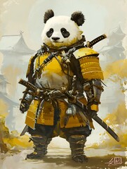 standing samurai panda illustration in cartoon style