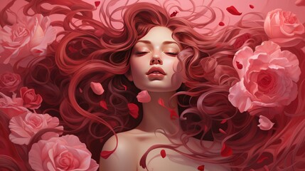 Beautiful woman with long red hair and flowers