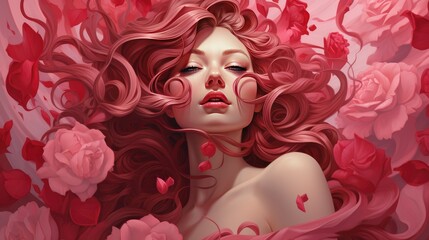 Beautiful woman with long red hair and flowers