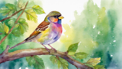 A single rainbow sparrow sitting on a branch in a forest, watercolor art style