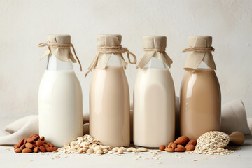 Obraz na płótnie Canvas Healthy Milk Alternatives: Almond, Soy, and Oat in Elegant Glass Bottles