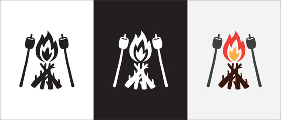 Camp fire marshmallow vector icons set. Marshmallows toast in bale fire or bonfire icon. Great for camping outdoor product. simple stock vector illustration in three variation.