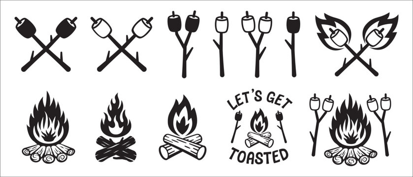 Camp fire vector set. Bonfire illustration set. Burning fire wood, marshmallow vector stock illustration. Let's get toasted sicker.