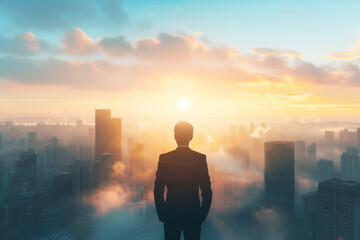 Fototapeta na wymiar Businessman Admiring Sunrise Over City Skyline - Urban Success