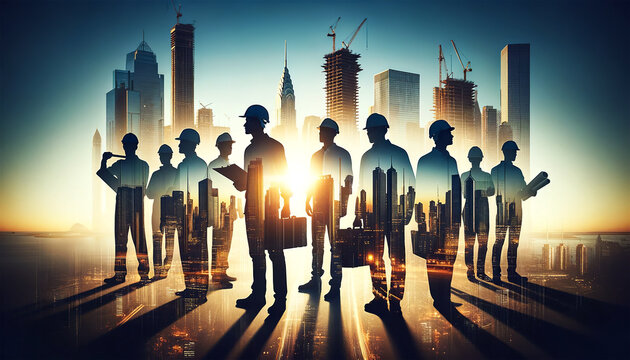 Silhouettes of construction workers and engineers stand in front of cityscape at sunrise, symbolizing progress, teamwork and urban growth. City development concept. AI generated.
