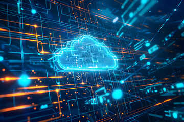 Cloud computing concept background. Digital data processing in the virtual cloud abstract background. 5G wireless network, lines, connectivity, and data flow in the virtual world. - obrazy, fototapety, plakaty