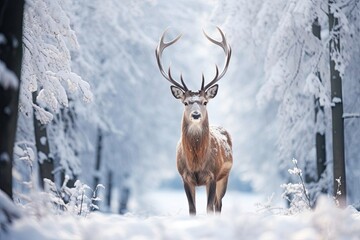 Enchanting deer with colorful feathers: mystical winter photo of snowy landscape