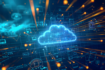 Cloud computing concept background. Digital data processing in the virtual cloud abstract background. 5G wireless network, lines, connectivity, and data flow in the virtual world.