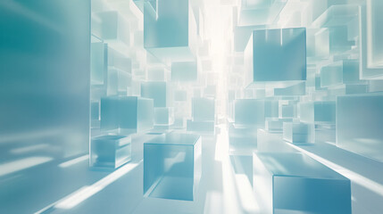 Display pointing towards screen, Translucent geometric shapes, light blue, white background.