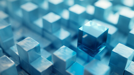 A blue cube sits on a background of white three-dimensional cubes.