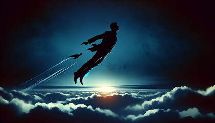 Create a conceptual art illustration of the silhouette of a businessman's  fly on the sky. success momentum.