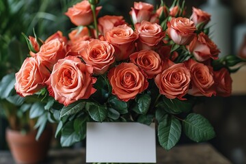 Cinematic shot of a blank card being revealed as it emerges from behind a bouquet of roses
