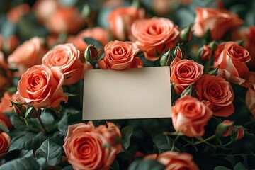 Cinematic shot of a blank card being revealed as it emerges from behind a bouquet of roses