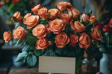 Cinematic shot of a blank card being revealed as it emerges from behind a bouquet of roses