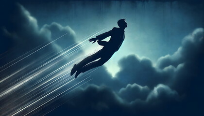 Create a conceptual art illustration of the silhouette of a businessman's  fly on the sky. success momentum.