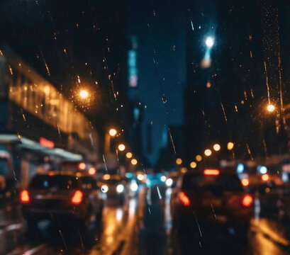 Raindrops on the glass of the car in the city at night