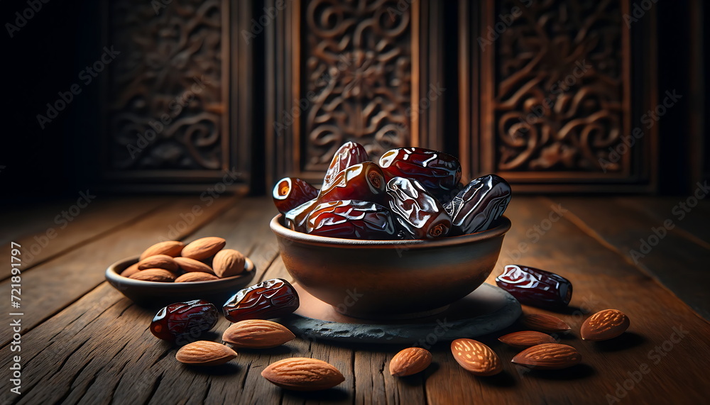 Wall mural experience the eid mubarak radiance with this ramadan lantern glow background with dates palm fruits
