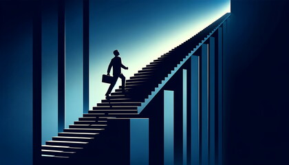 Create a conceptual art illustration of the silhouette of a businessman's climb a stairs. Road to success momentum.