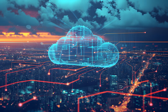 Cloud computing concept background. Digital data processing in the virtual cloud abstract background. 5G wireless network, lines, connectivity, and data flow in the virtual world.