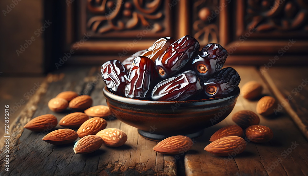 Wall mural experience the eid mubarak radiance with this ramadan lantern glow background with dates palm fruits