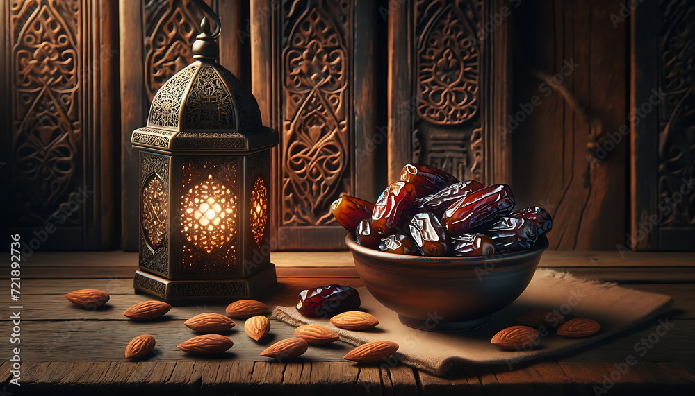 Wall mural experience the eid mubarak radiance with this ramadan lantern glow background with dates palm fruits