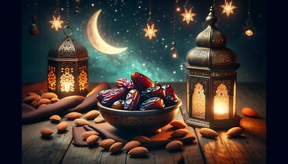 Experience the Eid Mubarak Radiance with this Ramadan Lantern Glow curtain and night sky with a crescent moon Background. Dates palm fruits and almonds.