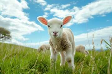 Fototapeta premium Healthy Curious lamb in a Feild