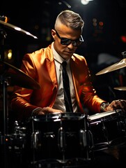Fototapeta na wymiar Jazz drummer performing jazz, jam session in a nightclub