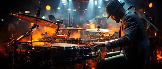 Fototapeta na wymiar Jazz drummer performing jazz, jam session in a nightclub