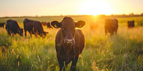 Healthy Wagyu Cattle Grazing in a Feild - obrazy, fototapety, plakaty